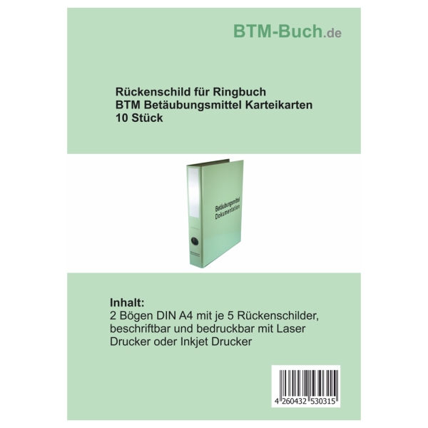 Rückenschild für Ringbuch für BTM Betäubungsmittel Karteikarten 10 Stück